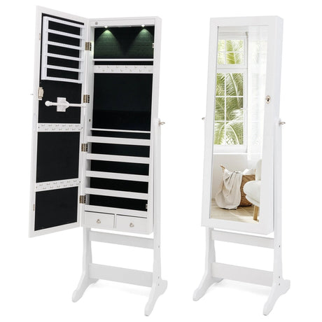 Lockable Freestanding Jewelry Cabinet Armoire with Full-Length Mirror and Lights-White