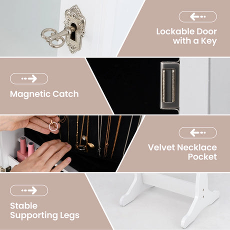 Lockable Freestanding Jewelry Cabinet Armoire with Full-Length Mirror and Lights-White