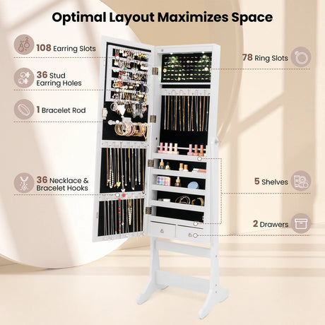 Lockable Freestanding Jewelry Cabinet Armoire with Full-Length Mirror and Lights-White