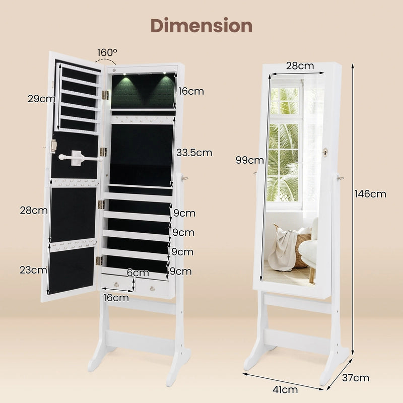 Lockable Freestanding Jewelry Cabinet Armoire with Full-Length Mirror and Lights-White