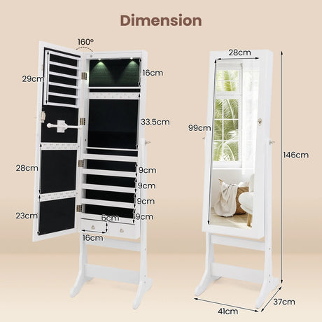 Lockable Freestanding Jewelry Cabinet Armoire with Full-Length Mirror and Lights-White