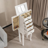 Standing Jewelry Cabinet with Hinged Mirror &amp; 4 Drawers 8 Necklace Hooks &amp; 2 Shelves White