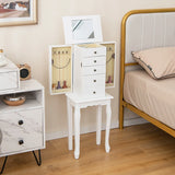 Standing Jewelry Cabinet with Hinged Mirror &amp; 4 Drawers 8 Necklace Hooks &amp; 2 Shelves White