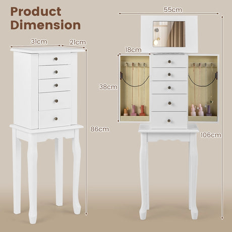 Standing Jewelry Cabinet with Hinged Mirror &amp; 4 Drawers 8 Necklace Hooks &amp; 2 Shelves White