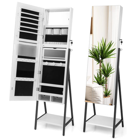 Lockable Floor Jewelry Cabinet with Full-Length Mirror &amp; LED Lights-White