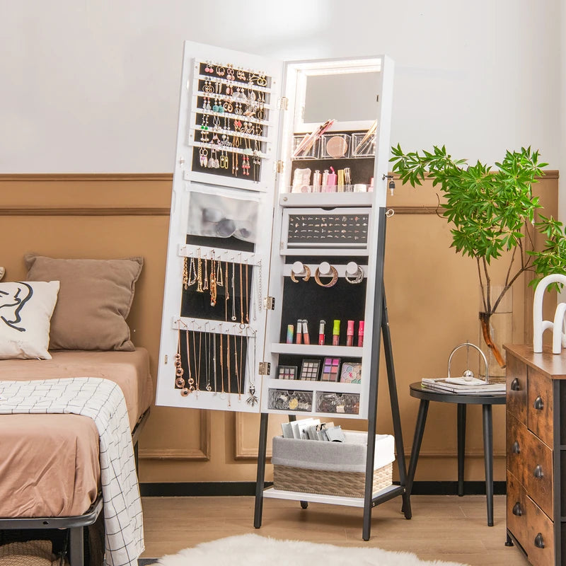 Lockable Floor Jewelry Cabinet with Full-Length Mirror &amp; LED Lights-White