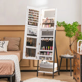 Lockable Floor Jewelry Cabinet with Full-Length Mirror &amp; LED Lights-White