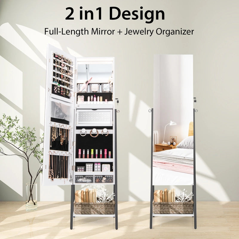 Lockable Floor Jewelry Cabinet with Full-Length Mirror &amp; LED Lights-White