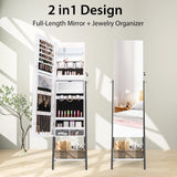 Lockable Floor Jewelry Cabinet with Full-Length Mirror &amp; LED Lights-White