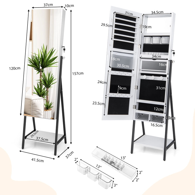 Lockable Floor Jewelry Cabinet with Full-Length Mirror &amp; LED Lights-White