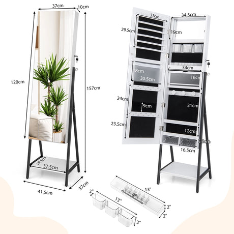 Lockable Floor Jewelry Cabinet with Full-Length Mirror &amp; LED Lights-White