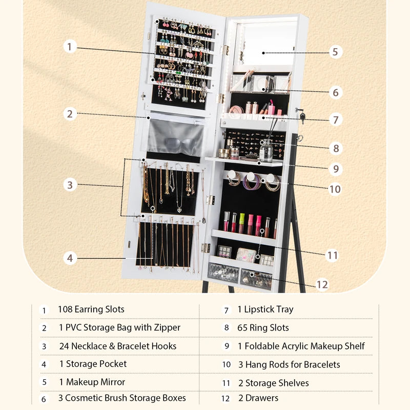 Lockable Floor Jewelry Cabinet with Full-Length Mirror &amp; LED Lights-White