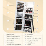Lockable Floor Jewelry Cabinet with Full-Length Mirror &amp; LED Lights-White