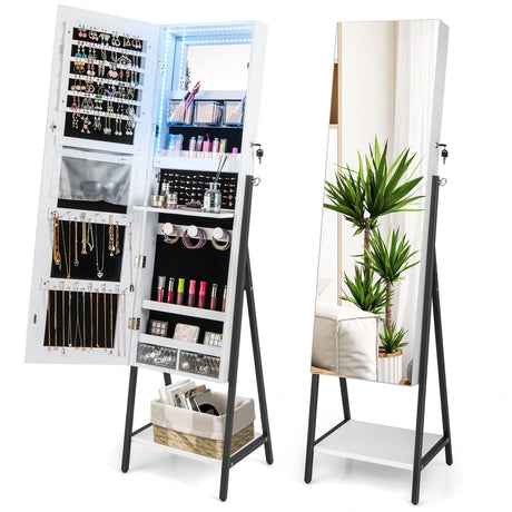 Lockable Floor Jewelry Cabinet with Full-Length Mirror &amp; LED Lights-White