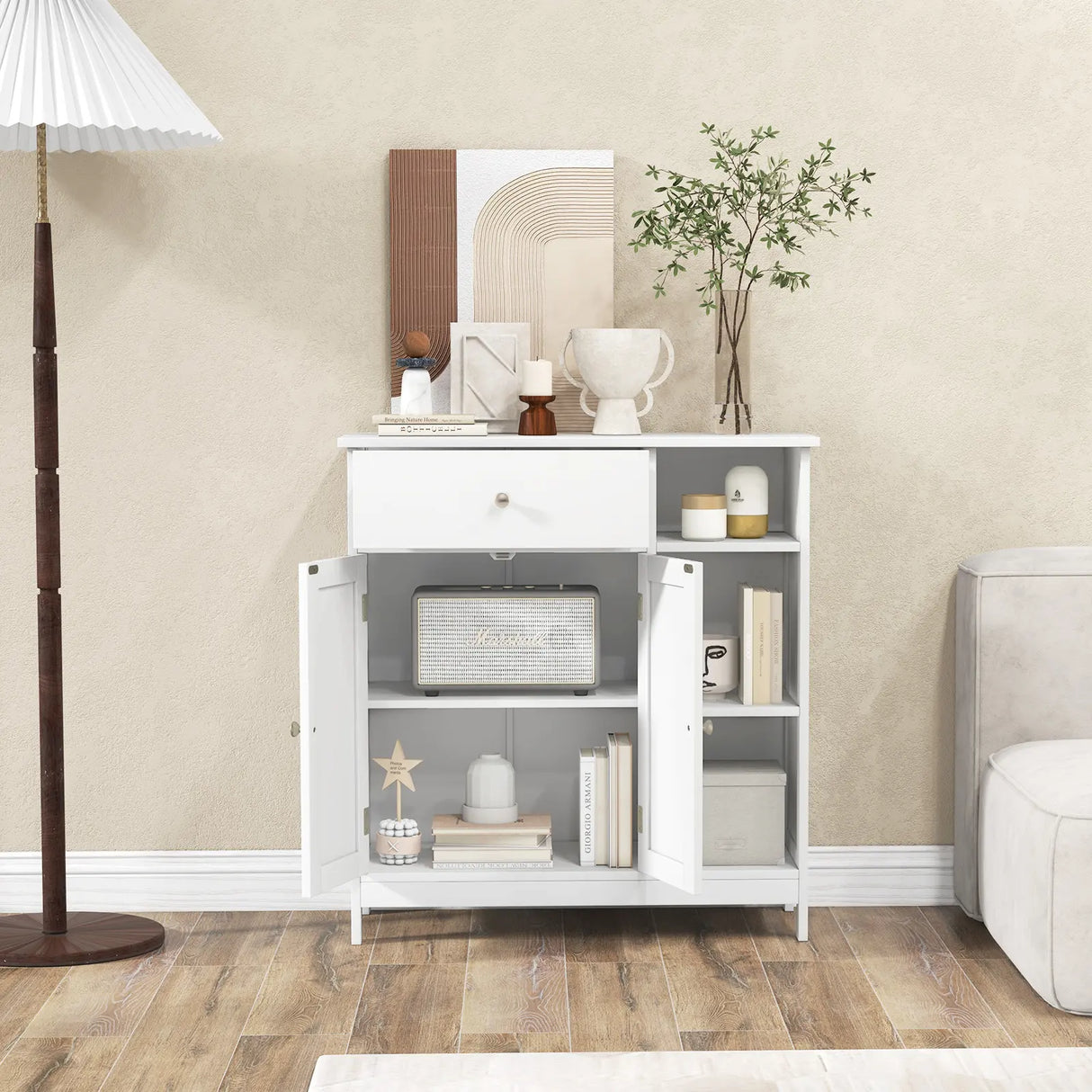 Freestanding Kitchen Bathroom Floor Cabinet Cupboard Storage Organizer-White