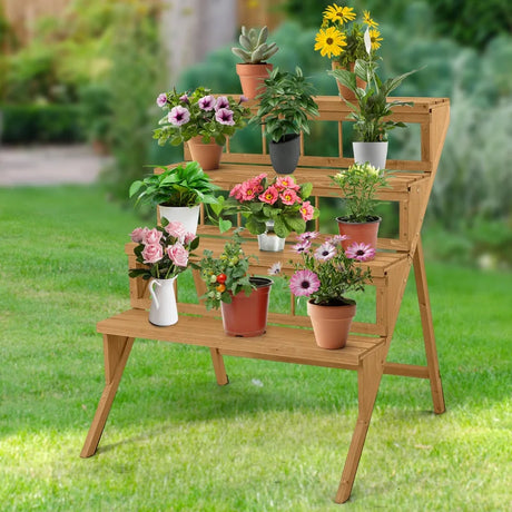 4 Tiers Wood Ladder Step Flower Pot Holder Plant Stand