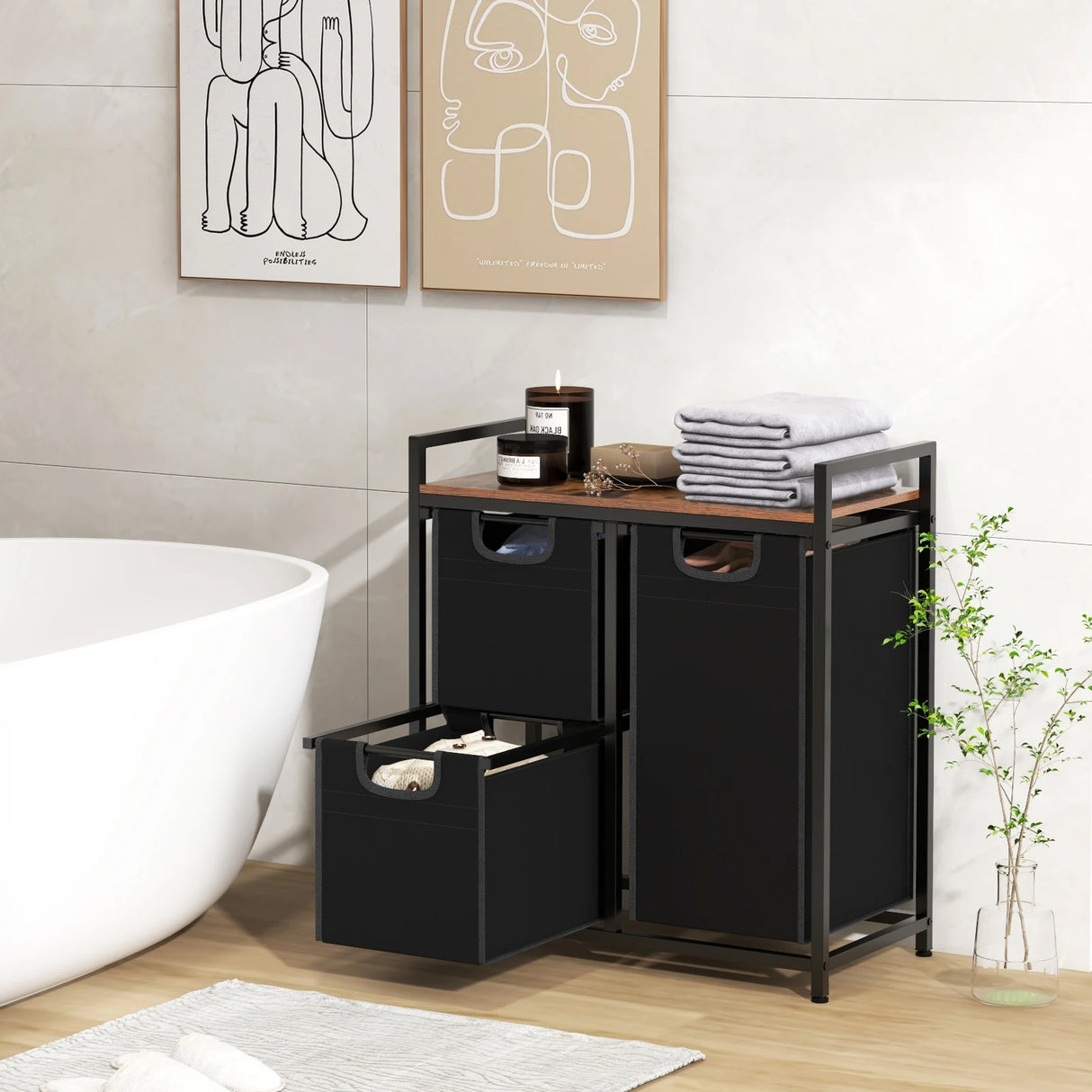 Laundry Basket Organizer Dirty Clothes Hamper with Shelf and 3 Removable Bags-Rustic Brown