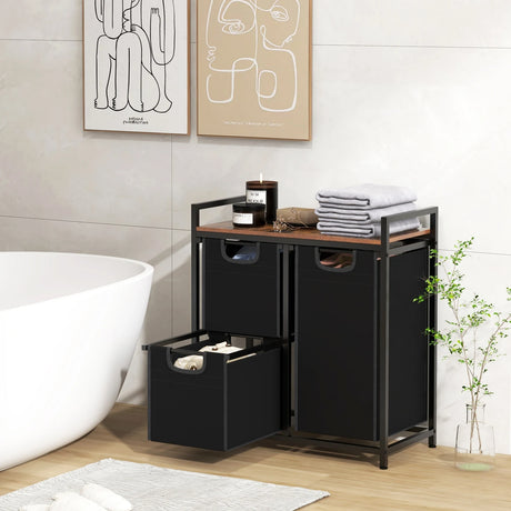 Laundry Basket Organizer Dirty Clothes Hamper with Shelf and 3 Removable Bags-Rustic Brown