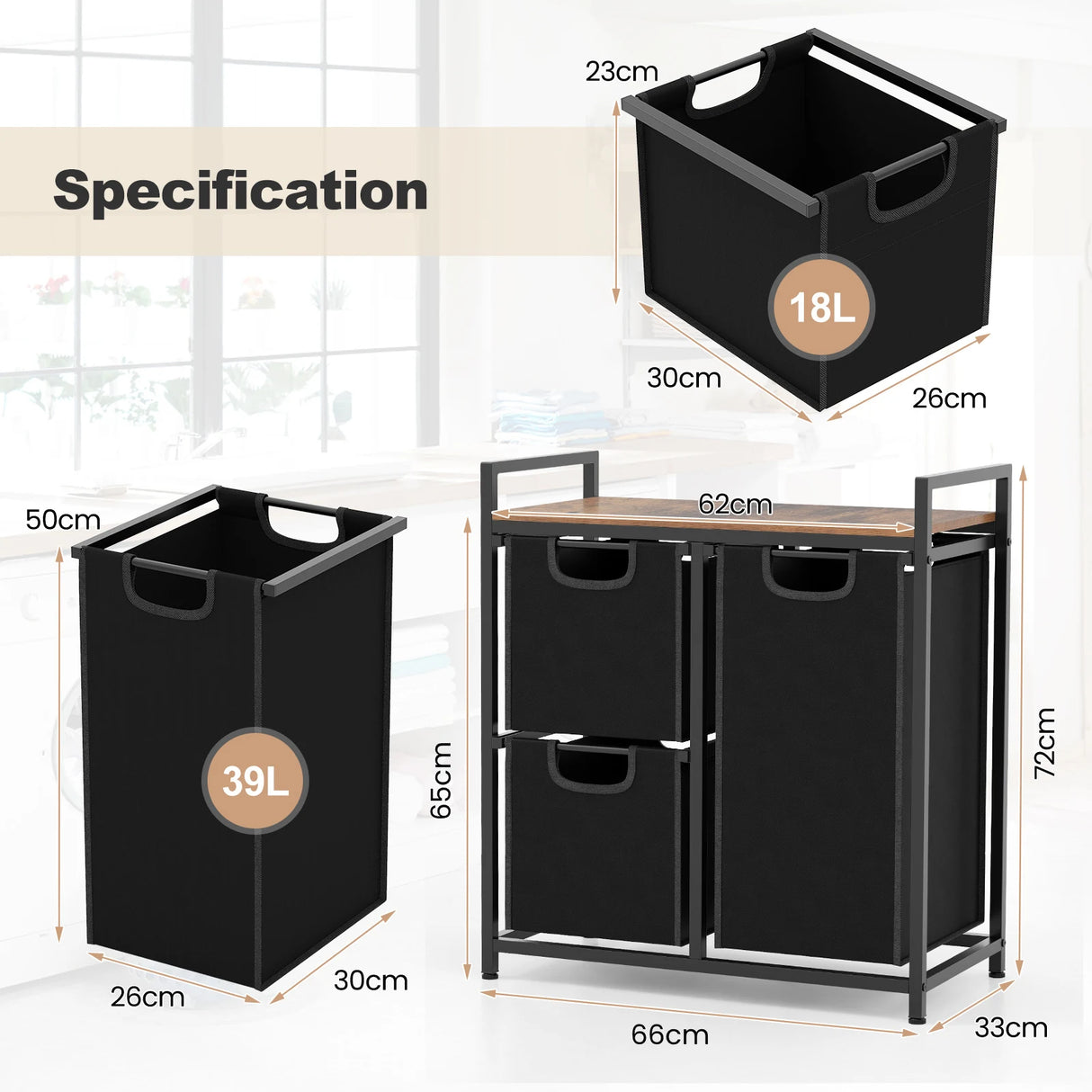 Laundry Basket Organizer Dirty Clothes Hamper with Shelf and 3 Removable Bags-Rustic Brown