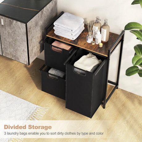 Laundry Basket Organizer Dirty Clothes Hamper with Shelf and 3 Removable Bags-Rustic Brown