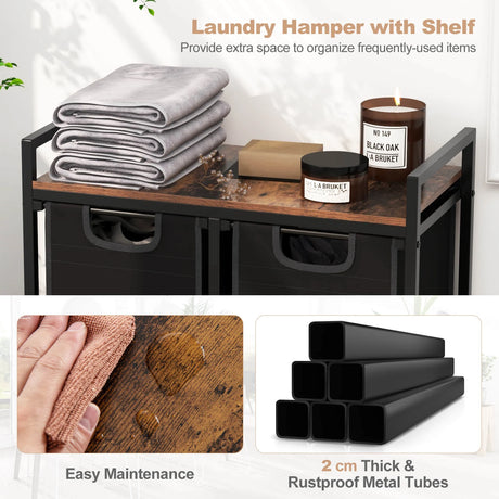 Laundry Basket Organizer Dirty Clothes Hamper with Shelf and 3 Removable Bags-Rustic Brown