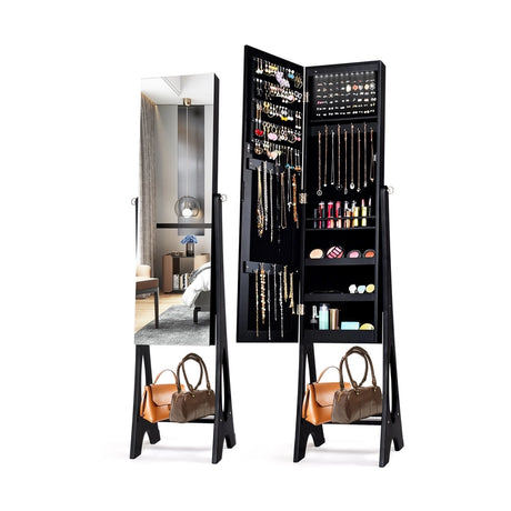 LED Jewelry Cabinet Armoire Organizer with Bevel Edge Mirror-Black