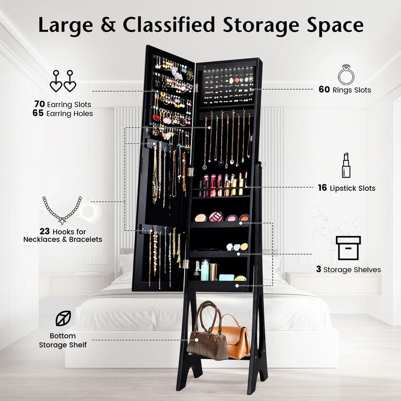 LED Jewelry Cabinet Armoire Organizer with Bevel Edge Mirror-Black