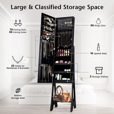 LED Jewelry Cabinet Armoire Organizer with Bevel Edge Mirror-Black