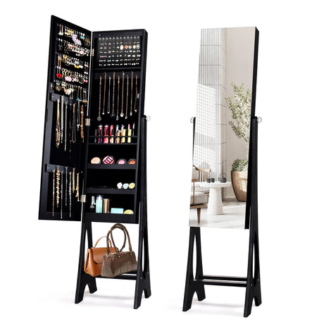LED Jewelry Cabinet Armoire Organizer with Bevel Edge Mirror-Black