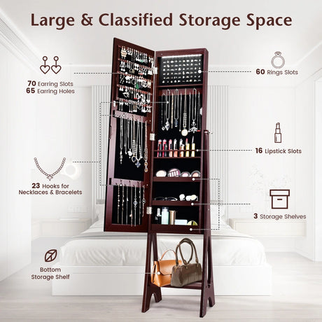 Standing Mirror Jewelry Cabinet-Brown