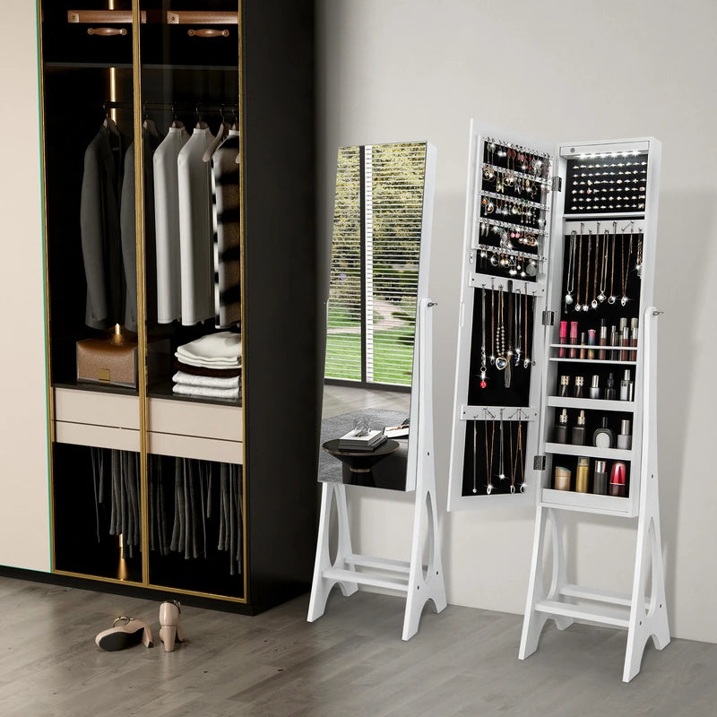 Freestanding Jewelry Cabinet Armoire Organizer with Bevel Edge Mirror-White