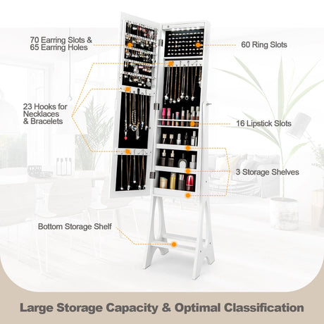Freestanding Jewelry Cabinet Armoire Organizer with Bevel Edge Mirror-White