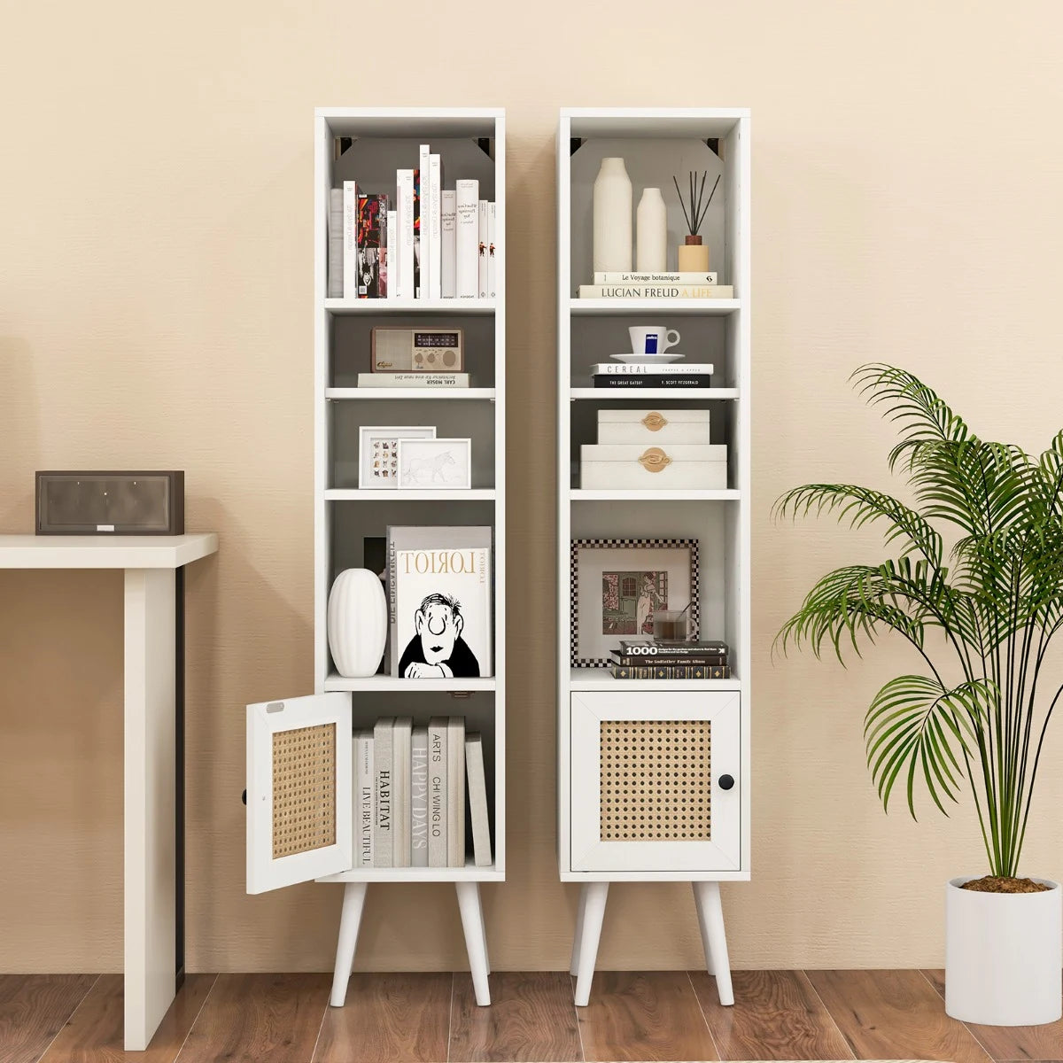 4 Tiers Rattan Storage Cabinet with Slim Design-White