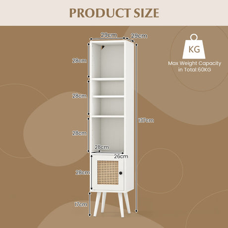 4 Tiers Rattan Storage Cabinet with Slim Design-White