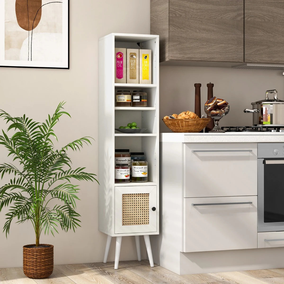 4 Tiers Rattan Storage Cabinet with Slim Design-White