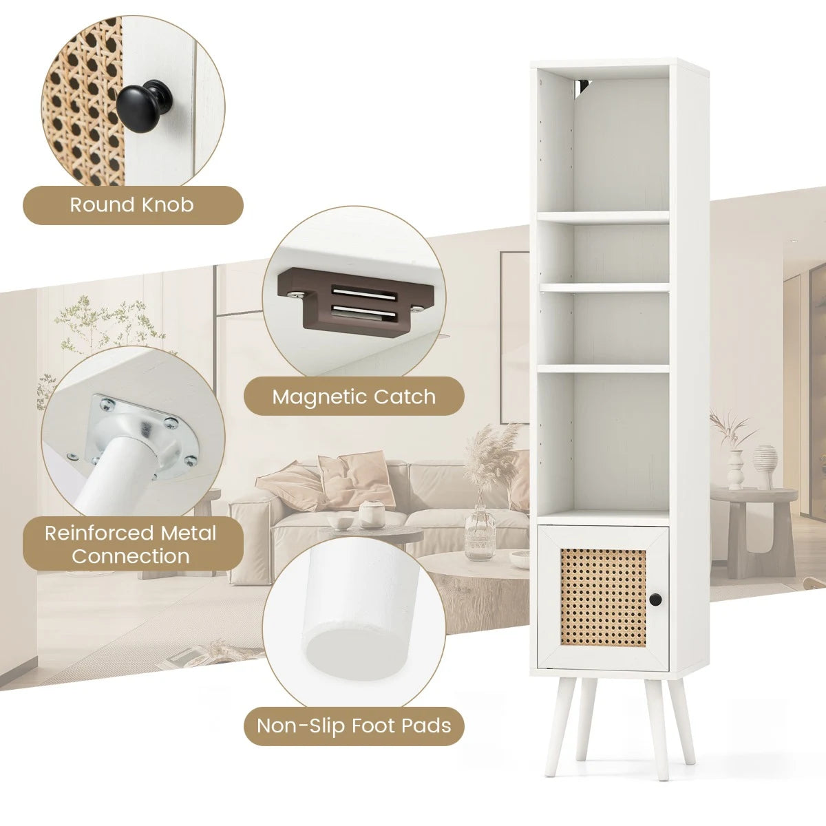 4 Tiers Rattan Storage Cabinet with Slim Design-White