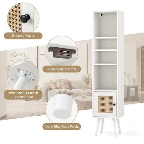 4 Tiers Rattan Storage Cabinet with Slim Design-White
