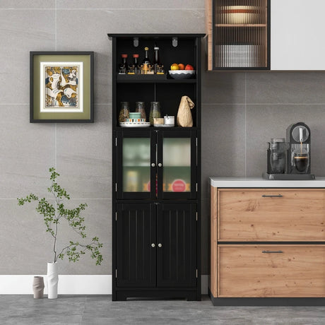 163cm Freestanding Bathroom Cabinet with Adjustable Shelves and 2 Compartments-Black