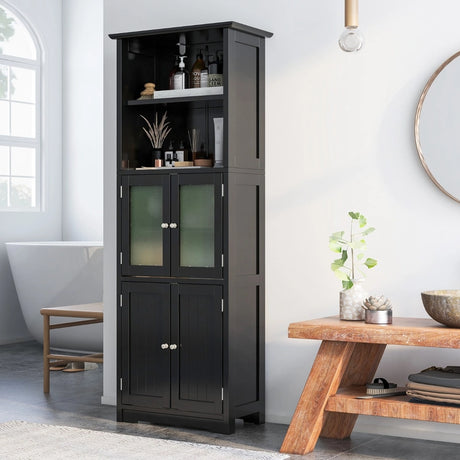 163cm Freestanding Bathroom Cabinet with Adjustable Shelves and 2 Compartments-Black