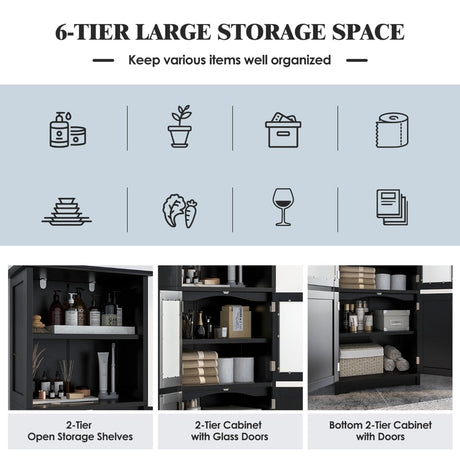 163cm Freestanding Bathroom Cabinet with Adjustable Shelves and 2 Compartments-Black