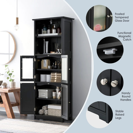 163cm Freestanding Bathroom Cabinet with Adjustable Shelves and 2 Compartments-Black