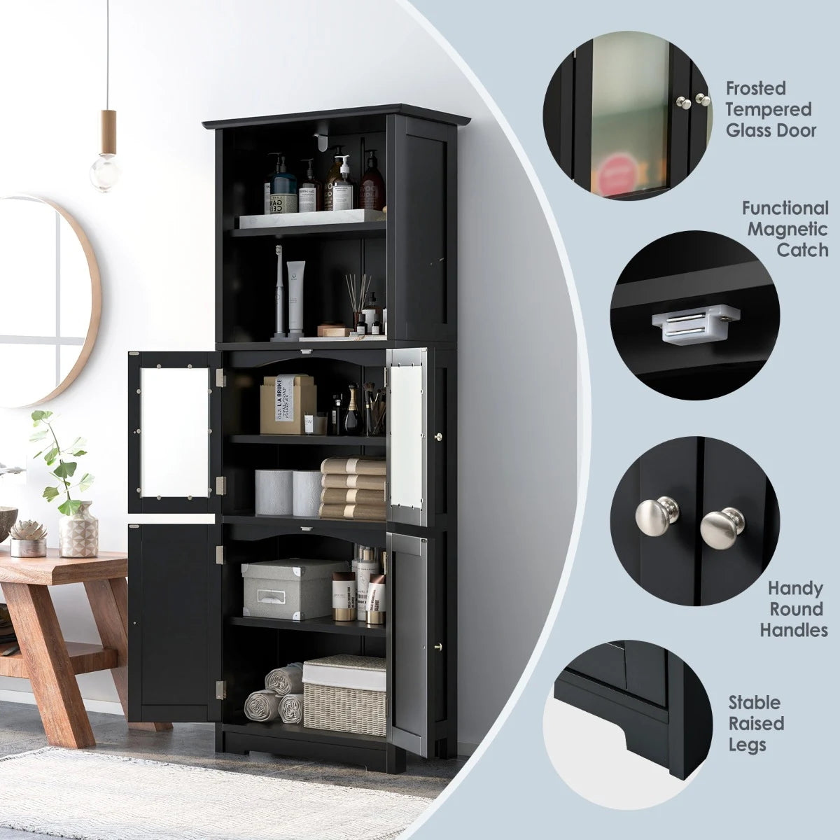 163cm Freestanding Bathroom Cabinet with Adjustable Shelves and 2 Compartments-Black
