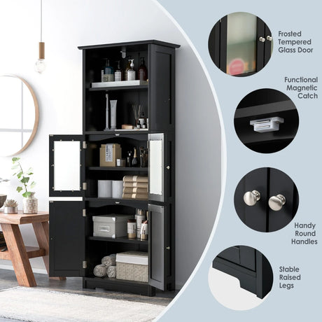 163cm Freestanding Bathroom Cabinet with Adjustable Shelves and 2 Compartments-Black