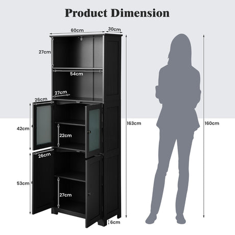 163cm Freestanding Bathroom Cabinet with Adjustable Shelves and 2 Compartments-Black