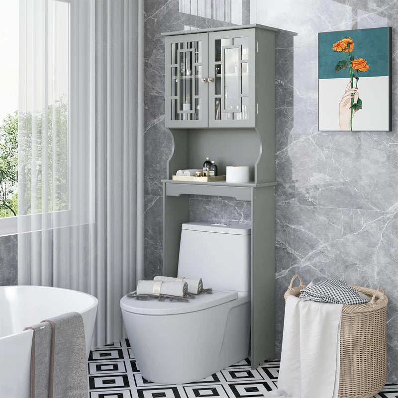 Over The Toilet Storage Cabinet with Double Tempered Glass Doors-Grey