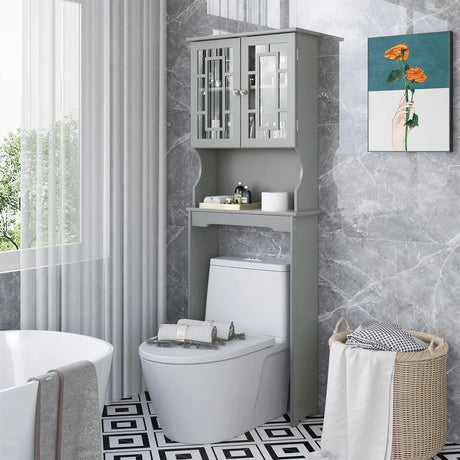 Over The Toilet Storage Cabinet with Double Tempered Glass Doors-Grey