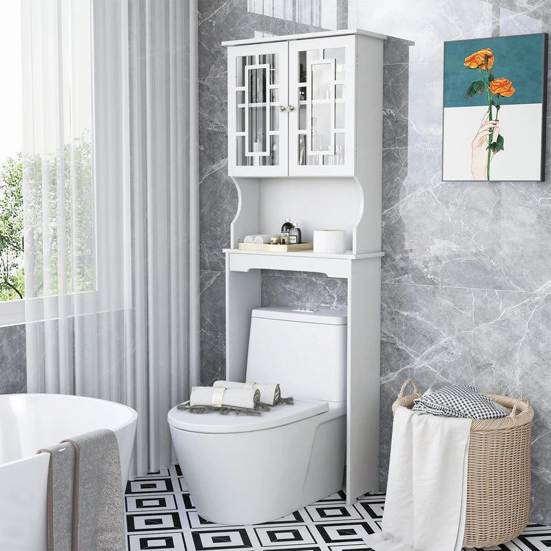 Over The Toilet Storage Cabinet with Double Tempered Glass Doors-White