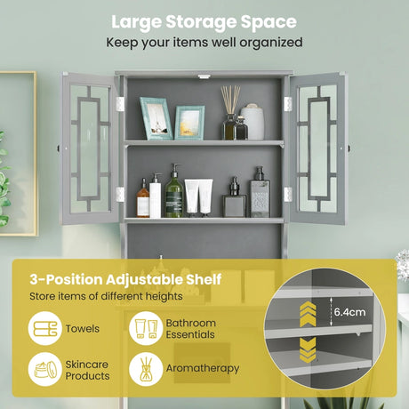 Over The Toilet Storage Cabinet with Double Tempered Glass Doors-Grey
