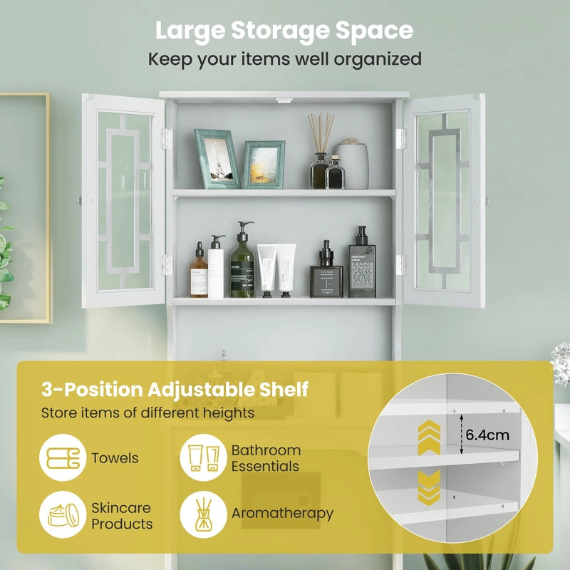 Over The Toilet Storage Cabinet with Double Tempered Glass Doors-White