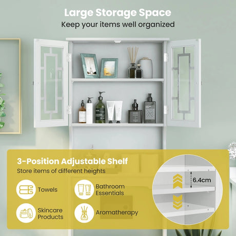 Over The Toilet Storage Cabinet with Double Tempered Glass Doors-White